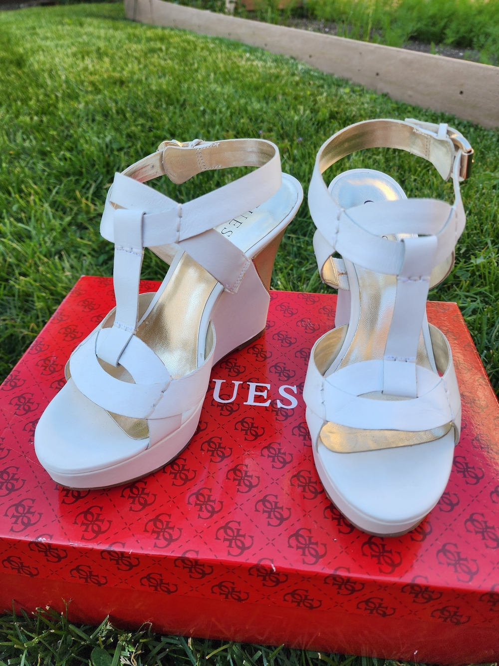 GUESS White and Gold Wedge Sandals - Women's Strappy Heels - Picture 6 of 6
